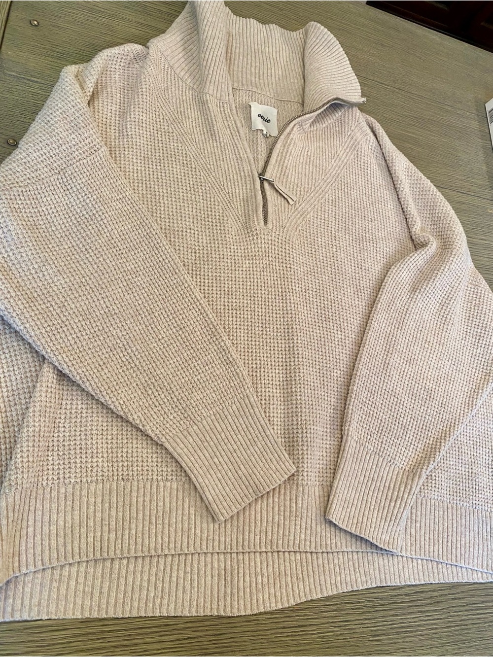 aerie Cream Half-Zip Waffle Knit Turtleneck Sweater